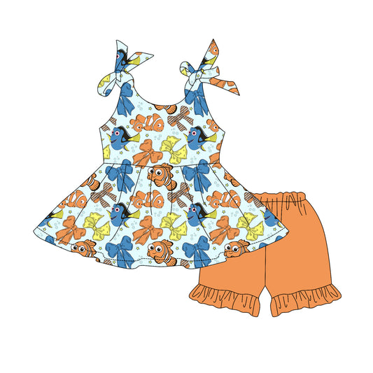 4.4 GSSO2556 Baby Girls Strap Colorful Cartoon Fishes Bows Tunic Orange Ruffle Short Set Pre order