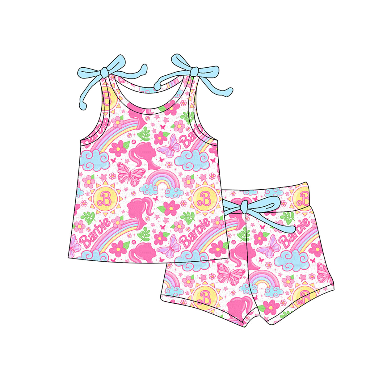 4.4 GSSO2557 Baby Girls Bows Sleeveless Cartoon Dolls Flowers Top Short Set Pre order