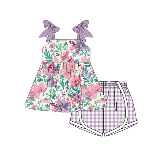 4.4 GSSO2558 Baby Girls Lavender Bows Strap Floral Tunic Plaid Short Set Pre order