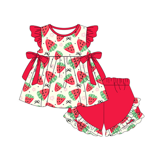 4.4 GSSO2559 Baby Girls Red Flutter Sleeves Bows Strawberry Tunic Ruffle Short Set Pre order