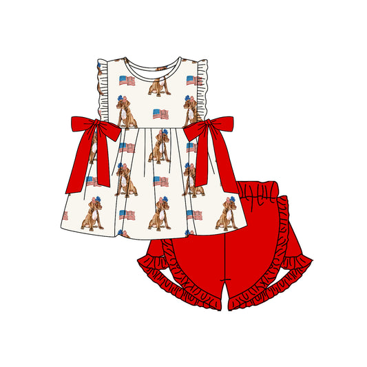4.4 GSSO2560 Baby Girls Sleeveless Flags Dogs Bows Tunic Ruffle Short 4th Of July Set Pre order
