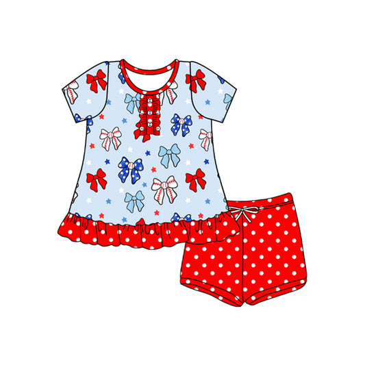 4.8 GSSO2566 Baby Girls Button Blue Red Bows Stars Tunic Polka Dots Short 4th Of July Set Pre order