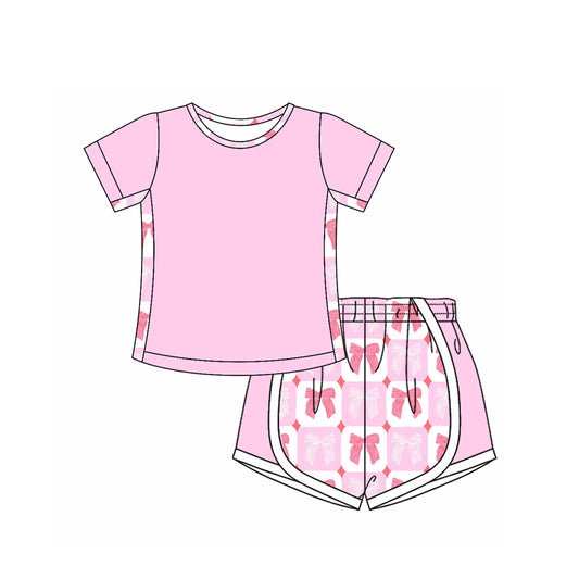 4.8 GSSO2569 Baby Girls Pink Short Sleeves Top Bows Plaid Shorts Set Pre order