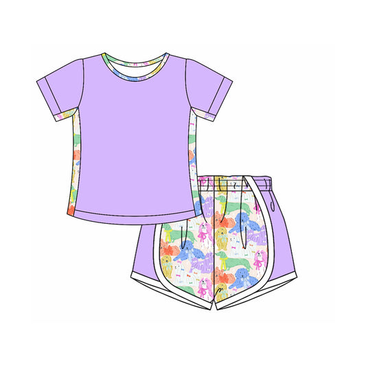 4.8 GSSO2570 Baby Girls Purple Short Sleeves Top Colorful Dogs Shorts Set Pre order