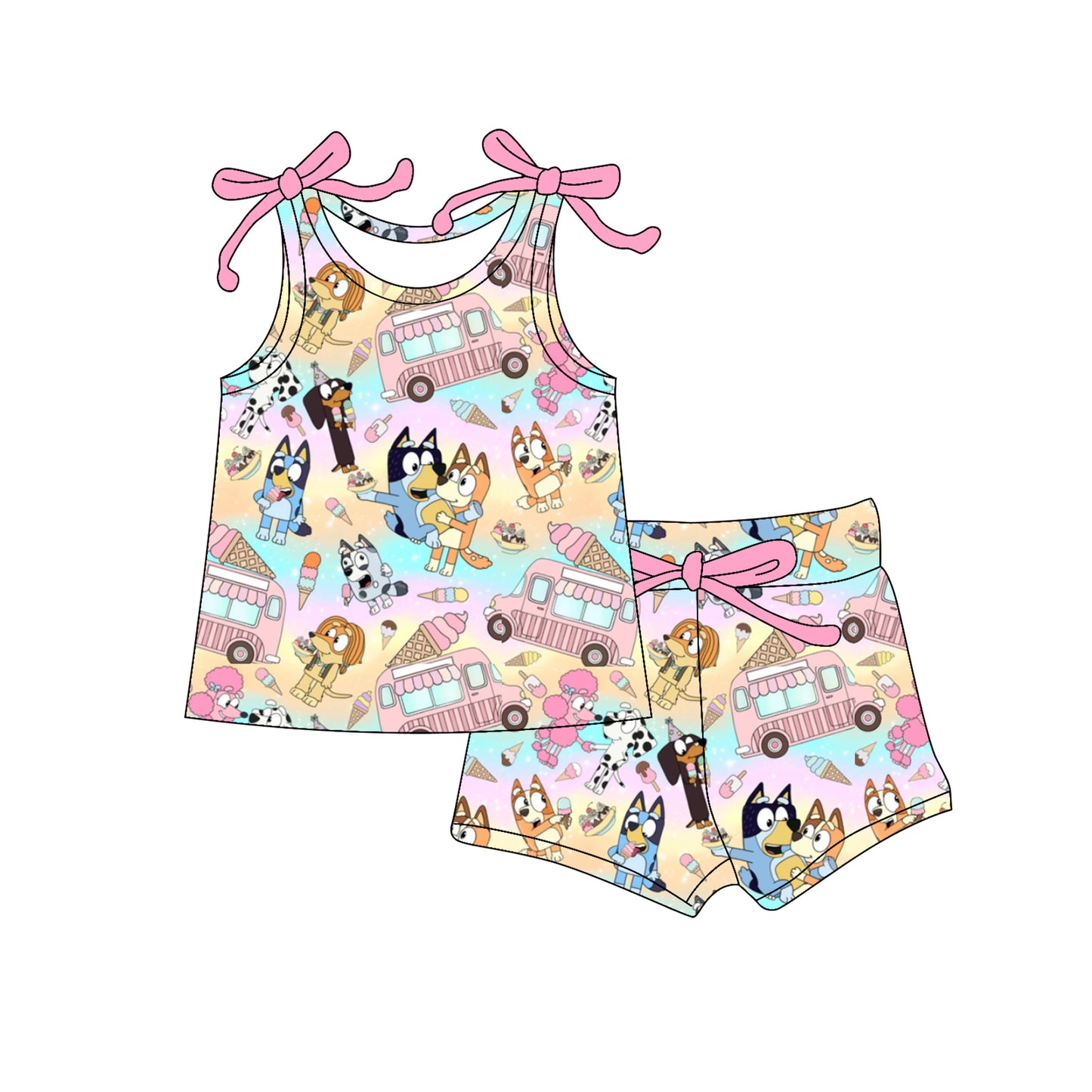 4.11 GSSO2574 Baby Girls Pink Bows Sleeveless Cartoon Dogs Ice Cream Top Short Set Pre order