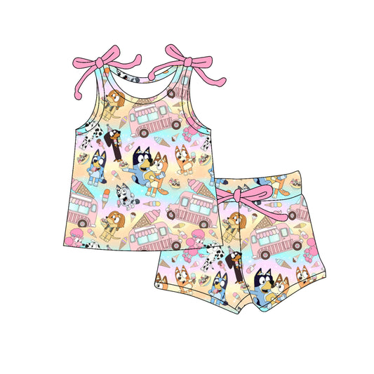 4.11 GSSO2574 Baby Girls Pink Bows Sleeveless Cartoon Dogs Ice Cream Top Short Set Pre order