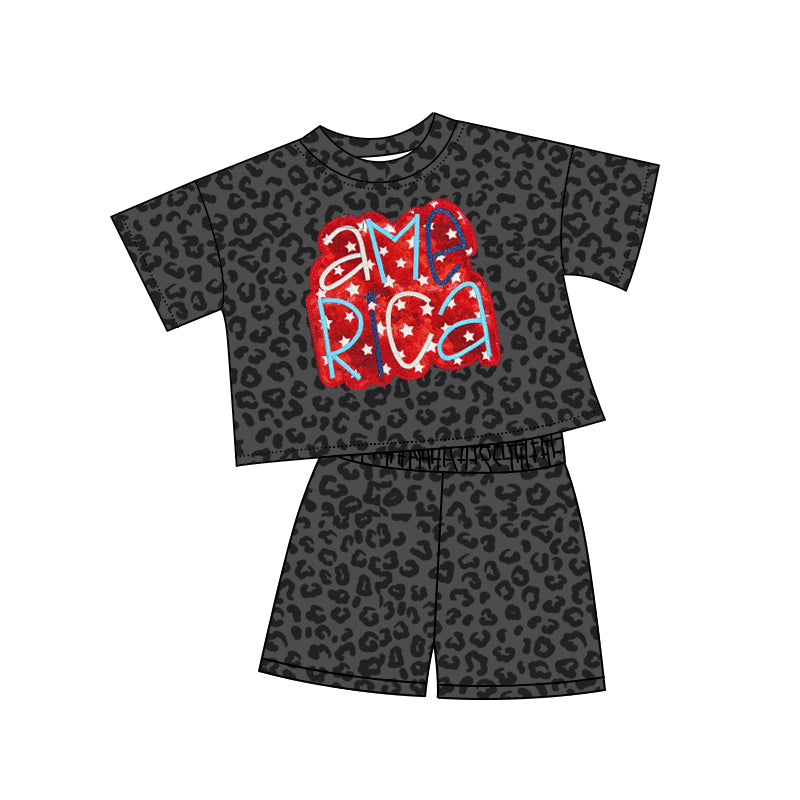 4.11 GSSO2576 Baby Girls Ame Rica Black Leopard Shorts Set Pre order