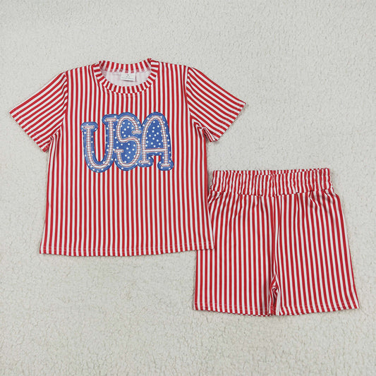 5.16 RTS NO MOQ Baby Girls Summer Sets GSSO2577 Red Stripe USA Top Short 4th Of July Pajamas Sets