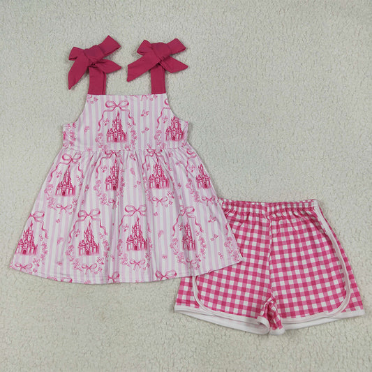 6.23 RTS NO MOQ Baby Girls Summer Sets GSSO2582 Pink Strap Castles Bows Tunic Plaid Short Sets