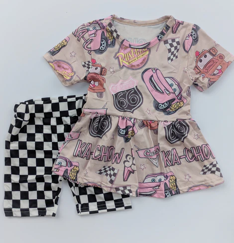4.15 GSSO2584 Baby Girls Khaki Short Sleeves Cartoon Cars Tunic Black Short Set Pre order