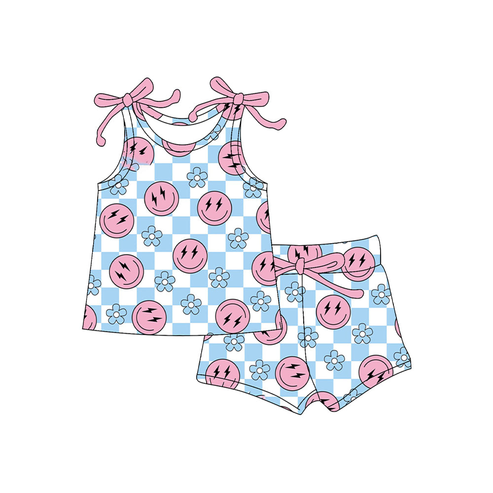 4.15 GSSO2585 Baby Girls Sleeveless Pink Smiles Blue Plaid Flowers Top Short Set Pre order