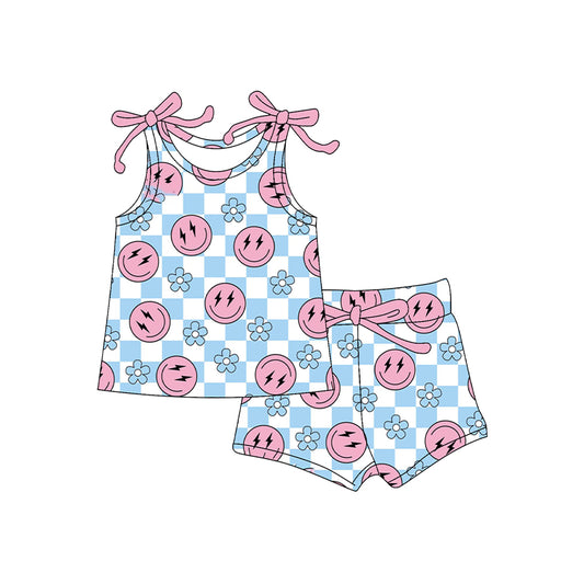 4.15 GSSO2585 Baby Girls Sleeveless Pink Smiles Blue Plaid Flowers Top Short Set Pre order