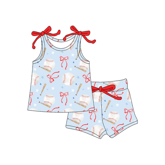 4.15 GSSO2586 Baby Girls Sleeveless Bows Baseballs Top Short Set Pre order