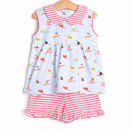 4.15 GSSO2587 Baby Girls Black Sleeveless Dogs Staking Top Pink Stripe Ruffle Short Set Pre order