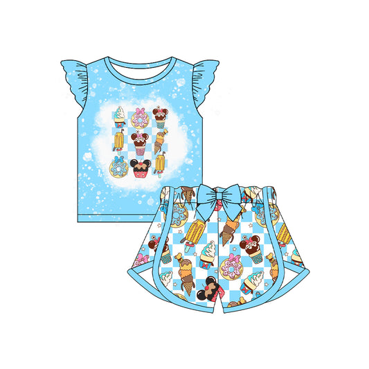 4.15 GSSO2589 Baby Girls Blue Flutter Sleeves Cartoon Mouse Ice Cream Top Plaid Short Set Pre order