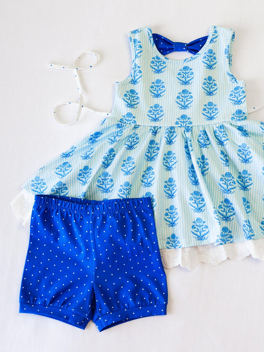 4.15 GSSO2591 Baby Girls Blue Stripe Flowers Plaid Lace Tunic Polka Dots Short Set Pre order
