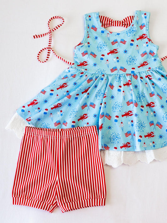 4.15 GSSO2592 Baby Girls Blue Flags Firework Lace Tunic Red Stripe 4th Of July Short Set Pre order