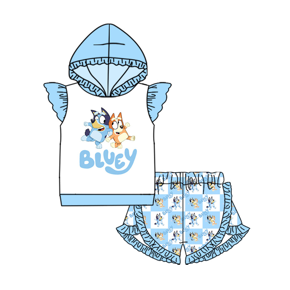 4.18 GSSO2595 Baby Girls Blue Flutter Sleeves Cartoon Dogs Hoodies Top Pockets Short Set Pre order