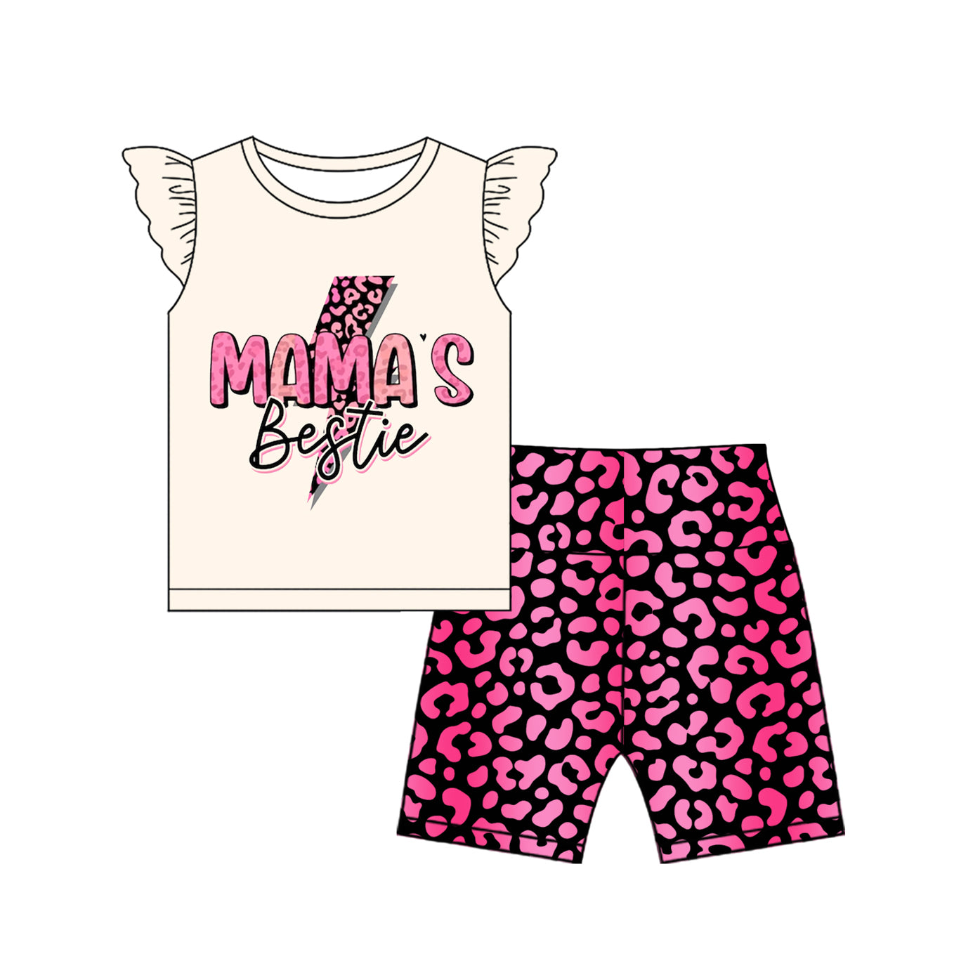 4.18 GSSO2596 Baby Girls Flutter Sleeves Mama's Bestie Top Leopard Short Set Pre order