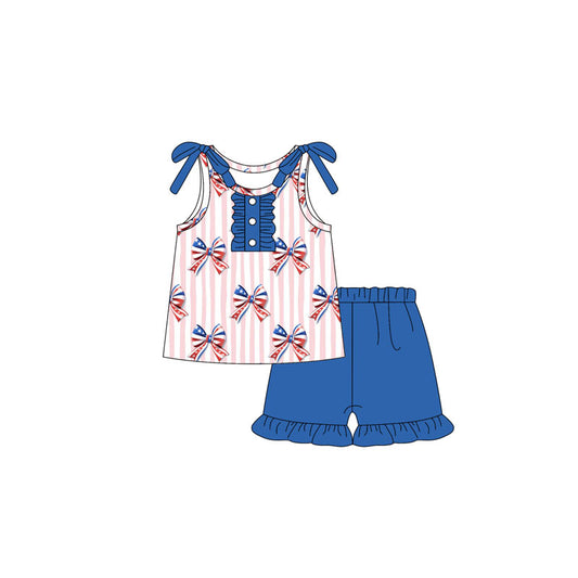 4.18 GSSO2599 Baby Girls Sleeveless Button Bows Top Blur Short 4th Of July Set Pre order