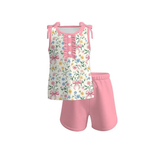 4.18 GSSO2600 Baby Girls Sleeveless Bows Floral Button Top Pink Short Set Pre order