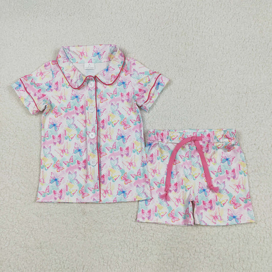 5.29 RTS NO MOQ Baby Girls Summer Sets GSSO2601 Short Sleeves Colorful Butterfly Butter Top Short Pajamas Sets