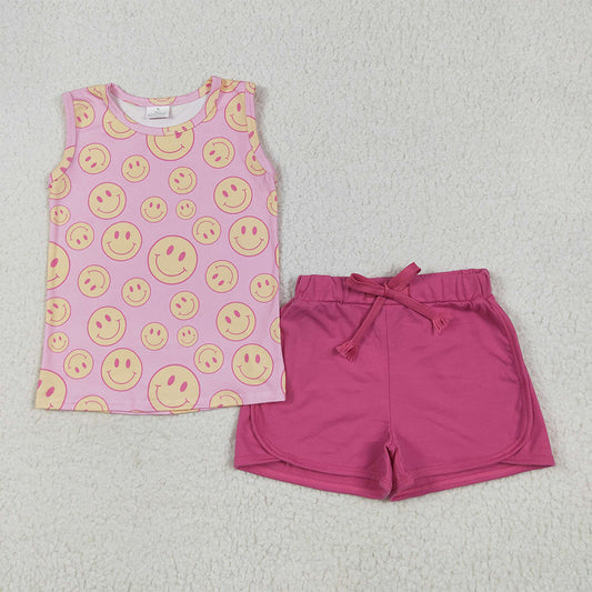 6.10 RTS NO MOQ Baby Girls Summer Sets GSSO2605 Pink Sleeveless Smiles Top Pockets Short Sets