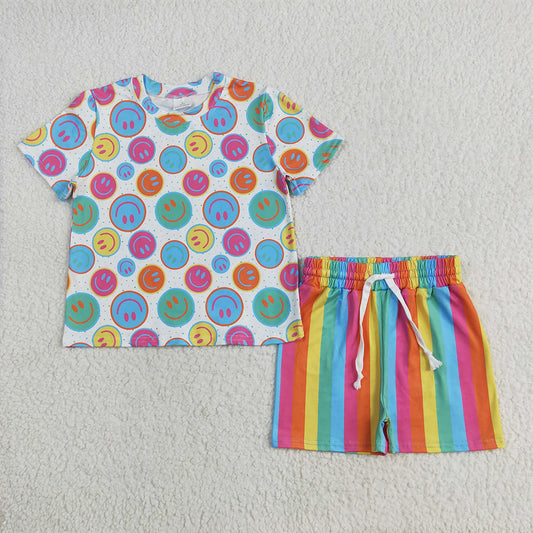 5.26 RTS NO MOQ Baby Girls Summer Sets GSSO2609 Short Sleeves Colorful Smiles Top Short Pajamas Sets