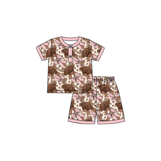 4.21 GSSO2612 Baby Girls Short Sleeves Bows Highland Cows Print Button Top Short Pajamas Set Pre order