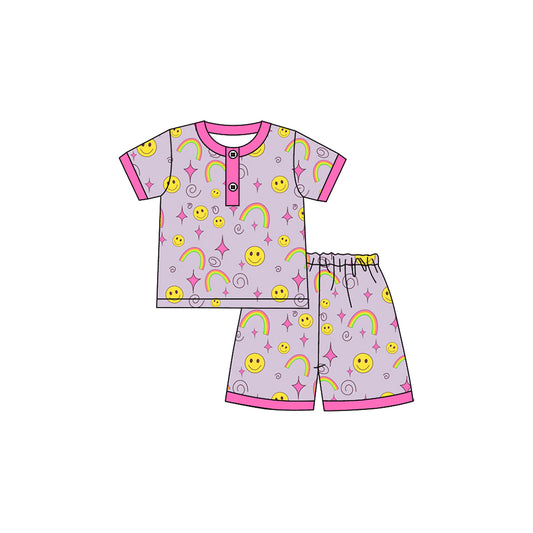 4.21 GSSO2613 Baby Girls Short Sleeves Smiles Rainbows Button Top Short Pajamas Set Pre order