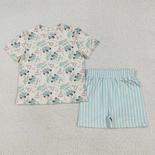 5.26 RTS NO MOQ Baby Girls Summer Sets GSSO2614 Short Sleeve Golf Top Blue Stripes Shorts Sets
