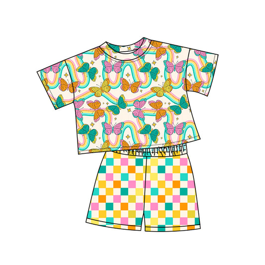 4.21 GSSO2615 Baby Girls Short Sleeves Butterfly Rainbows Top Colorful Plaid Short Pajamas Set Pre order