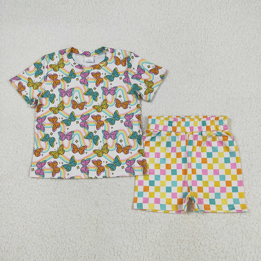 5.29 RTS NO MOQ Baby Girls Summer Sets GSSO2615 Short Sleeves Butterfly Rainbows Top Colorful Plaid Short Pajamas Sets