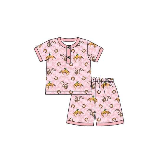 4.24 GSSO2620 Baby Girls Pink Short Sleeves Horse Rodeos Button Top Short Pajamas Set Pre order
