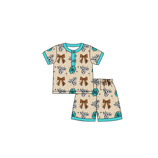4.24 GSSO2621 Baby Girls Short Sleeves Bows Cow Print Button Top Short Pajamas Set Pre order