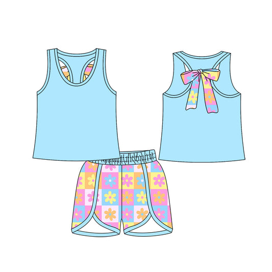 4.24 GSSO2622 Baby Girls Blue Sleeveless Bow Vest Top Flowers Plaid Shorts Set Pre order