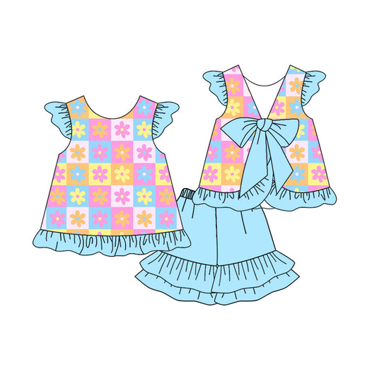 4.24 GSSO2623 Baby Girls Blue Flutter Sleeves Flowers Plaid Tunic Ruffle Shorts Set Pre order