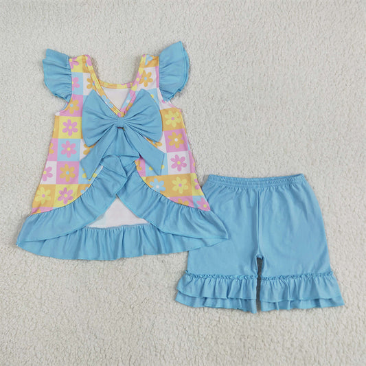 5.26 RTS NO MOQ Baby Girls Summer Sets GSSO2623 Blue Flutter Sleeves Flowers Plaid Tunic Ruffle Shorts Sets