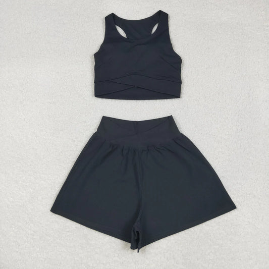 USA Shop RTS Adult Women Sleeveless Black Vest Tops Shorts Yoga Active Set