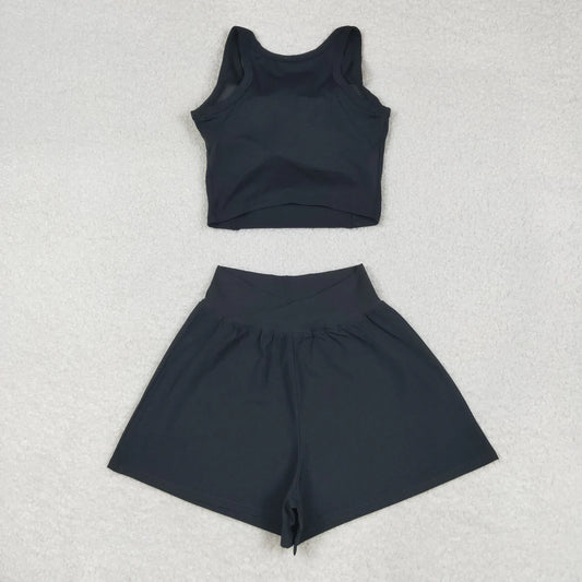 USA Shop RTS Adult Women Sleeveless Black Vest Tops Shorts Bottom Yoga Active Set
