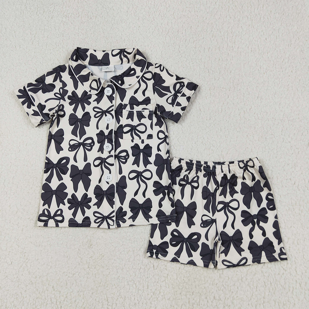 6.26 RTS NO MOQ Baby Girls Summer Sets GSSO2663 Short Sleeves Black Bows Button Pocket Top Short Pajamas Sets