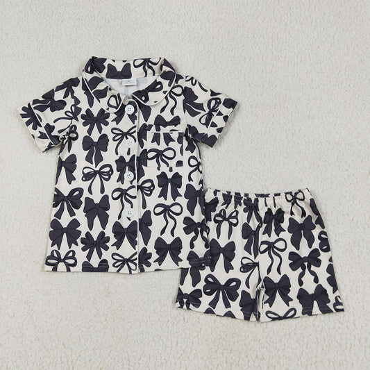 6.26 RTS NO MOQ Baby Girls Summer Sets GSSO2663 Short Sleeves Black Bows Button Pocket Top Short Pajamas Sets