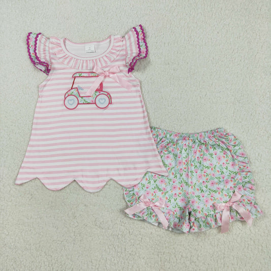 8.12 RTS NO MOQ Baby Girls Summer Sets GSSO2663 Flutter Sleeves Floral Golf Truck Tunic Ruffle Shorts Sets