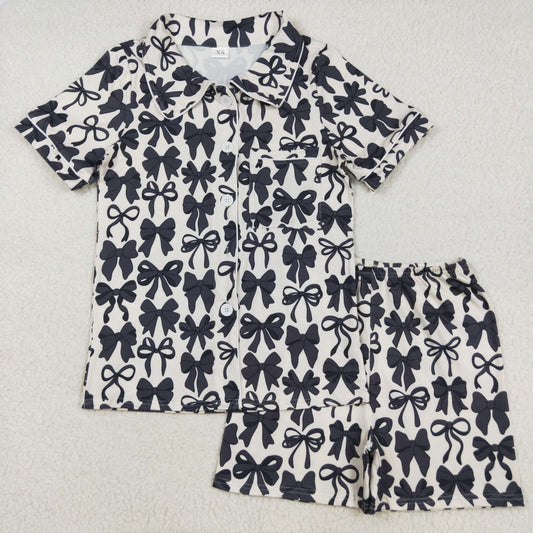 7.23 RTS NO MOQ Adult Women Summer Sets GSSO2664 Short Sleeves Black Bows Button Pocket Top Short Pajamas Sets