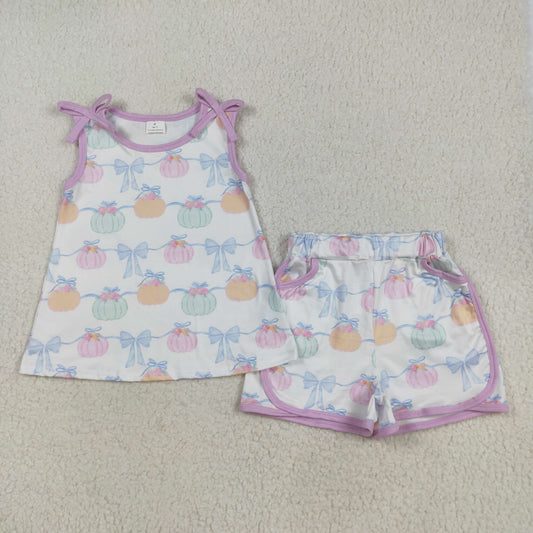 7.29 RTS NO MOQ Baby Girls Summer Sets GSSO2668 Bows Sleeveless Pumpkins Stripe Tunic Pockets Short Sets