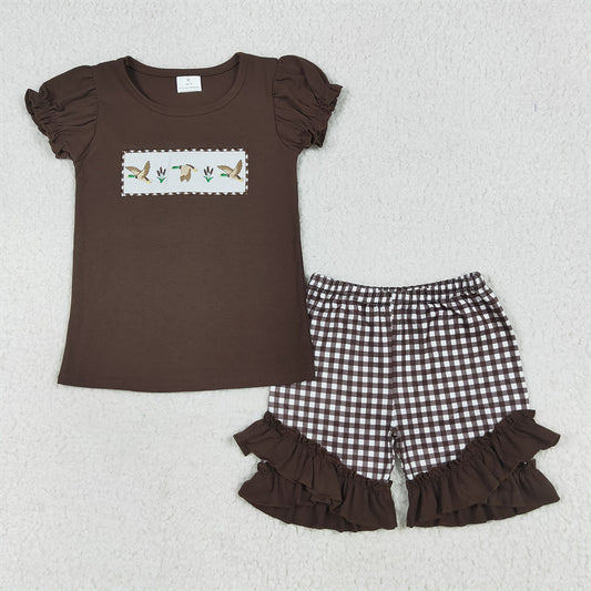 7.15 RTS NO MOQ Baby Girls Summer Sets GSSO2672 Brown Short Ruffle Sleeves Ducks Top Short Sets