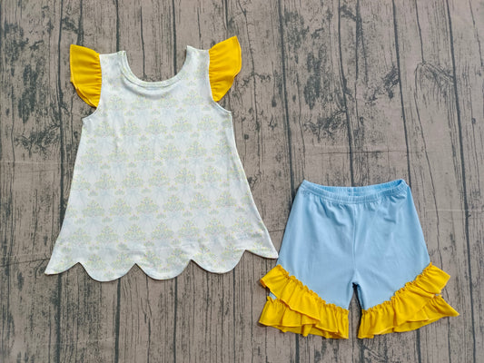 ( No moq ) Preorder Baby Girls Short Sleeves Bows Floral Tunic Ruffle Blue Shorts Clothes Set