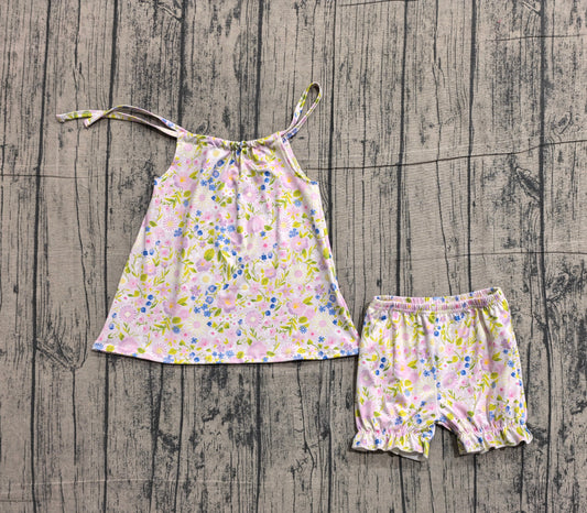 ( No moq ) Preorder Baby Girls Straps Flower Tunic Ruffle Shorts Summer Clothes Set