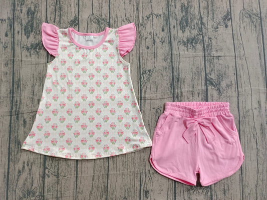 ( No moq ) Preorder Baby Girls Short Sleeves Flowers Bows Tops Pink Pockets Shorts Set