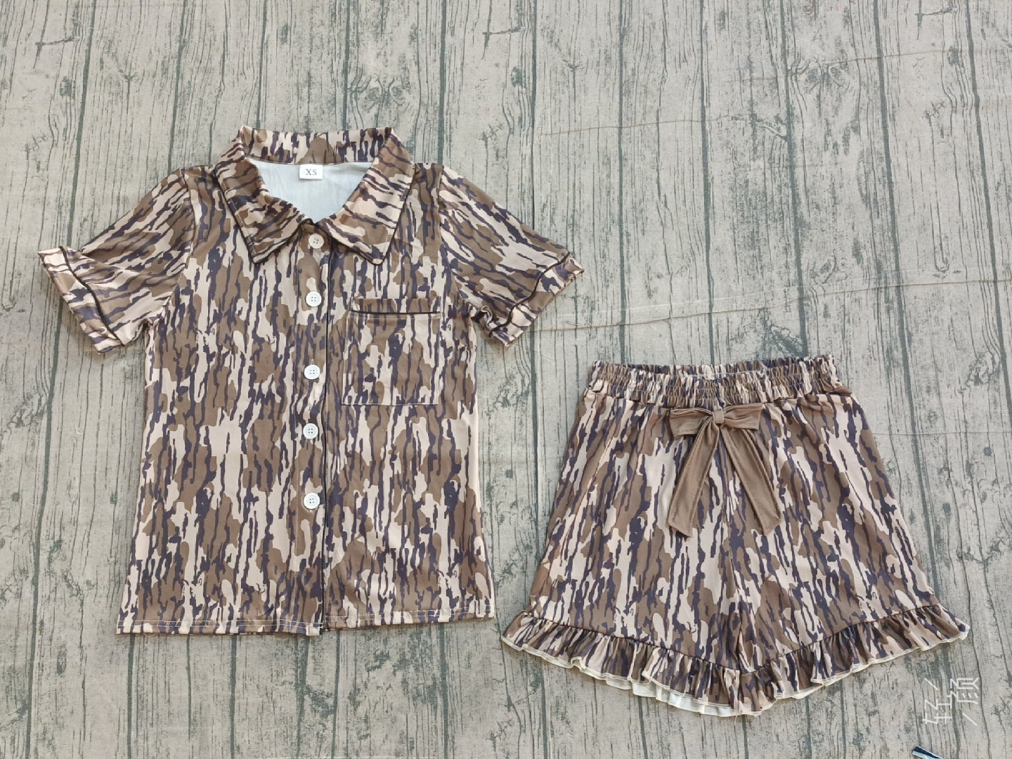 RTS Adult Women Short Sleeves Camo Buttons Pocket Shirt Ruffle Bow Shorts Pajamas Set